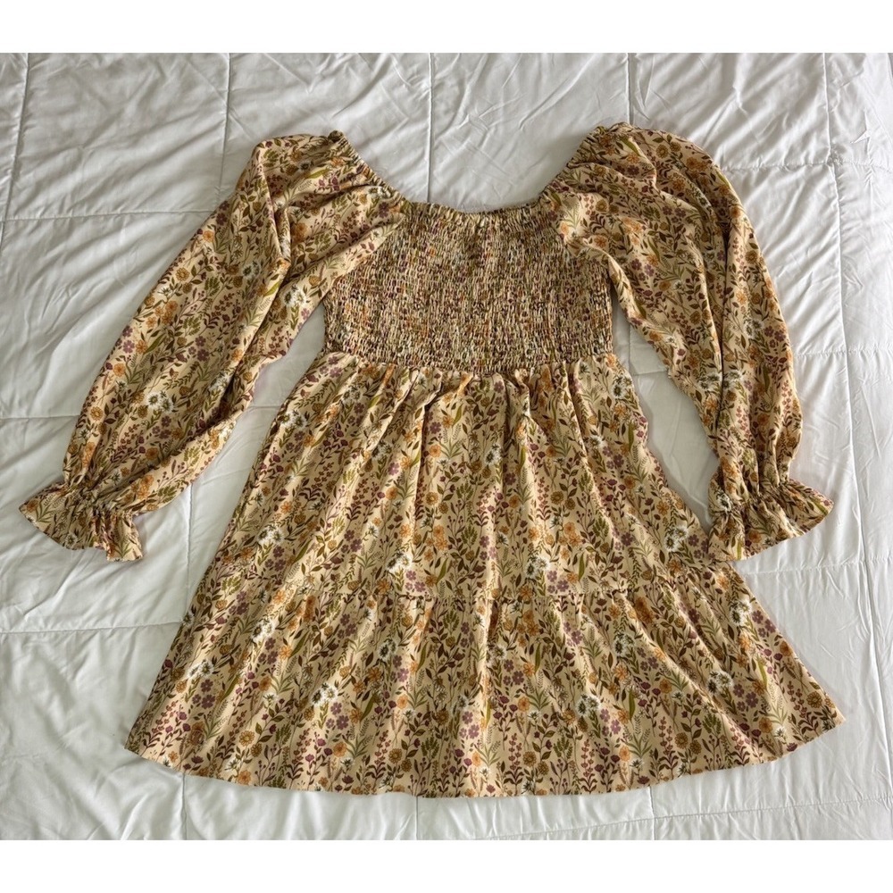 Simply Southern Large Prairie Midi Dress Smocked Balloon Sleeves Yellow NWOT